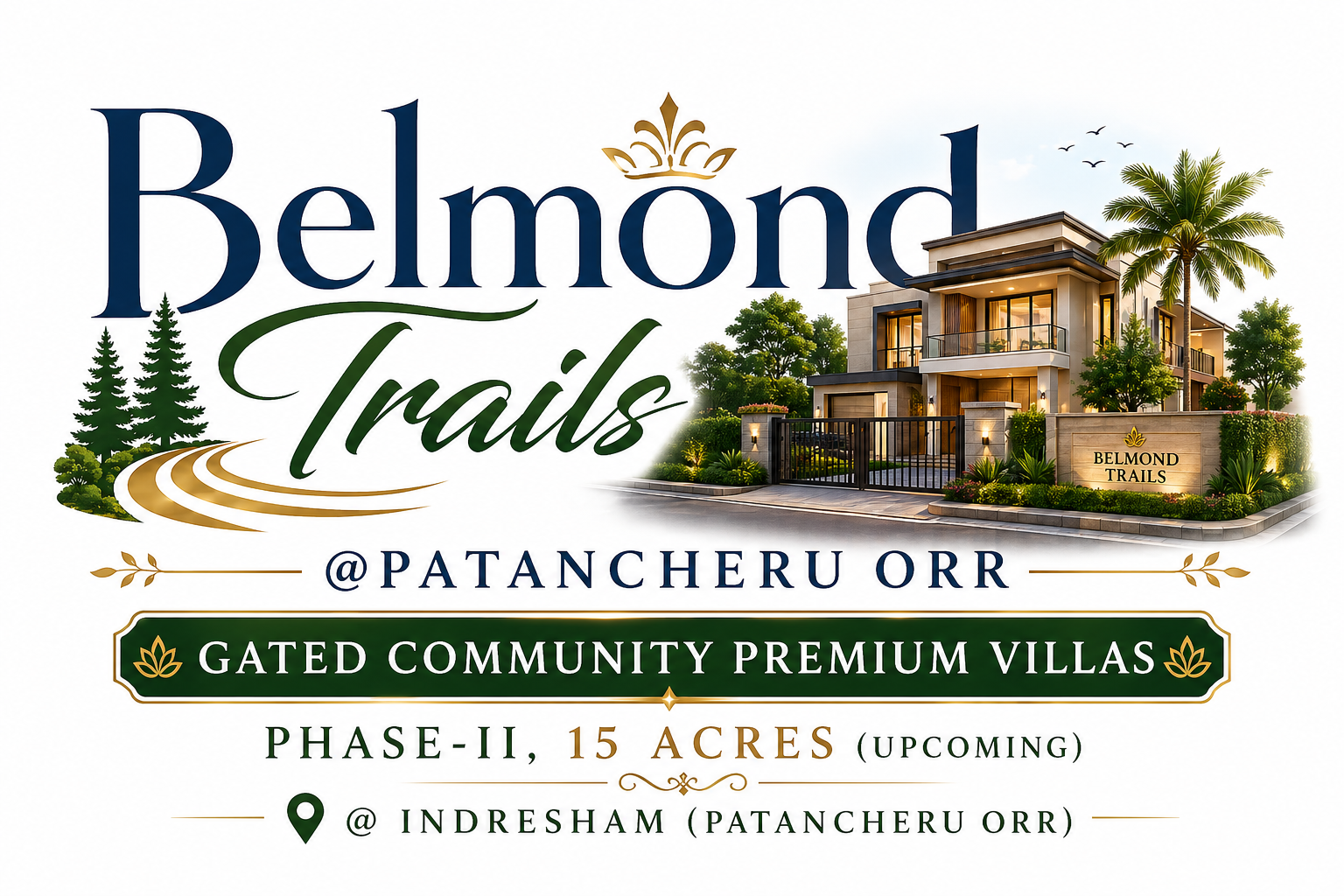 Banner for Belmond Trails gated community villas, showing a modern house with palm trees and the Belmond Trails logo and location text.