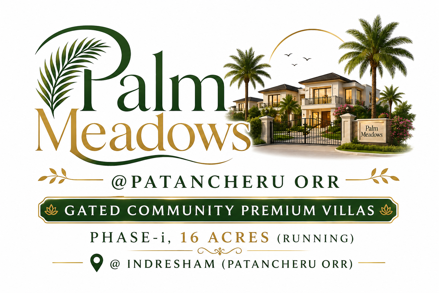 Palm Meadows logo with a palm frond design, a gated villas scene, and the text 'Gated Community Premium Villas' and location details.